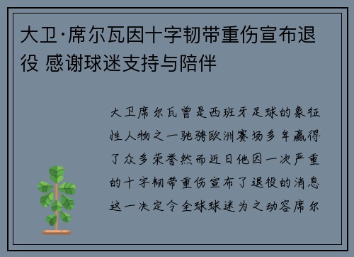 大卫·席尔瓦因十字韧带重伤宣布退役 感谢球迷支持与陪伴