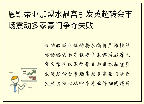 恩凯蒂亚加盟水晶宫引发英超转会市场震动多家豪门争夺失败